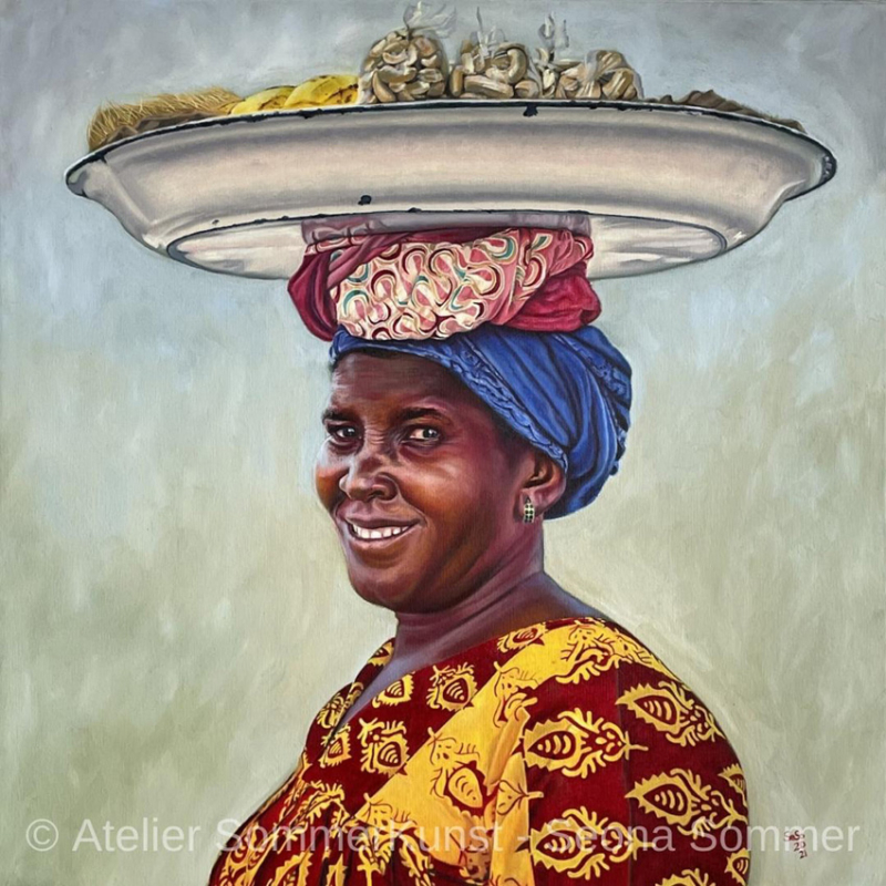 Snack Seller in Senegal | Öl auf Leinwand, 70 x 70 cm (Referenzfoto: Laia López Barnadas) (3.700 €)